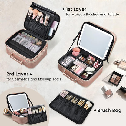 Makeup Bag with LED Lighted Mirror 12.2 IN Travel Makeup Bag Adjustable Brightness in 3 Colors Cosmetic Organizer Artist Storage Bag with Dividers Brush Holder Bag Vanity Black Checkerboard