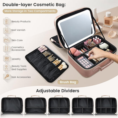 Makeup Bag with LED Lighted Mirror 12.2 IN Travel Makeup Bag Adjustable Brightness in 3 Colors Cosmetic Organizer Artist Storage Bag with Dividers Brush Holder Bag Vanity Black Checkerboard