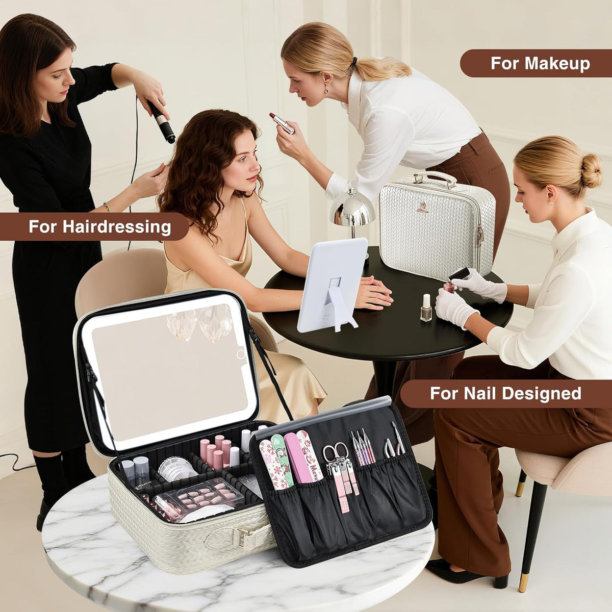 Makeup Bag with LED Lighted Mirror 12.2 IN Travel Makeup Bag Adjustable Brightness in 3 Colors Cosmetic Organizer Artist Storage Bag with Dividers Brush Holder Bag Vanity Black Checkerboard