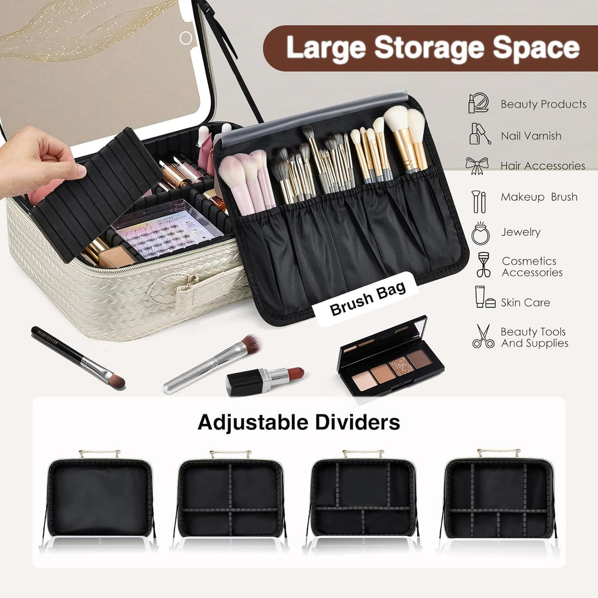 Makeup Bag with LED Lighted Mirror 12.2 IN Travel Makeup Bag Adjustable Brightness in 3 Colors Cosmetic Organizer Artist Storage Bag with Dividers Brush Holder Bag Vanity Black Checkerboard
