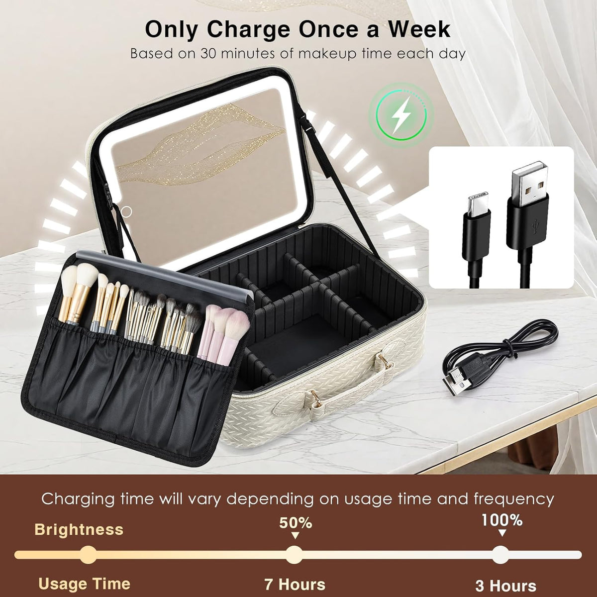 Makeup Bag with LED Lighted Mirror 12.2 IN Travel Makeup Bag Adjustable Brightness in 3 Colors Cosmetic Organizer Artist Storage Bag with Dividers Brush Holder Bag Vanity Black Checkerboard