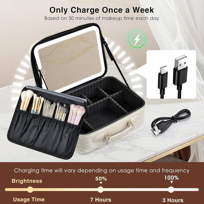 Makeup Bag with LED Lighted Mirror 12.2 IN Travel Makeup Bag Adjustable Brightness in 3 Colors Cosmetic Organizer Artist Storage Bag with Dividers Brush Holder Bag Vanity Black Checkerboard