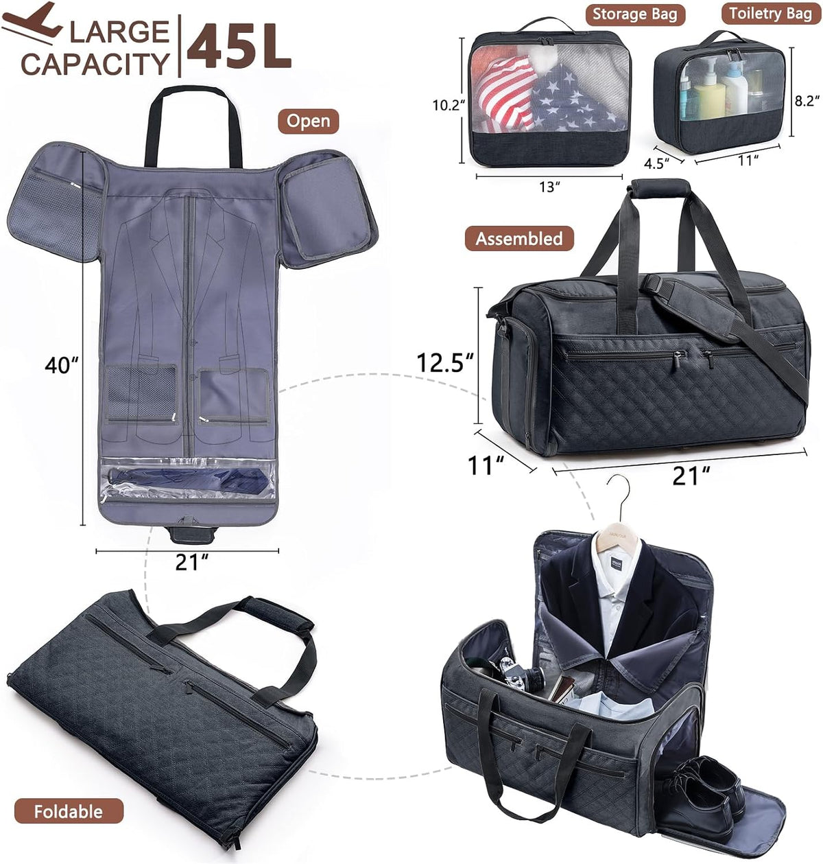 2in1 Garment Bags for Hanging Clothes - Suit Duffle Bag for Travel - Large Personal Item Travel Bag for Men Women, Convertible Carry On Bags for Dance Dress, Weekender Bag Luggage Bag