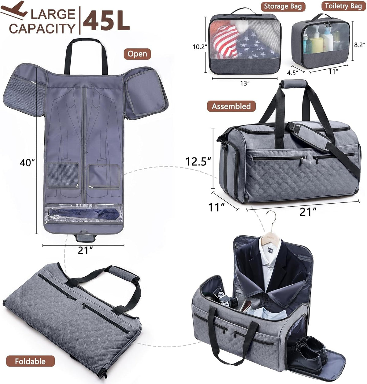 2in1 Garment Bags for Hanging Clothes - Suit Duffle Bag for Travel - Large Personal Item Travel Bag for Men Women, Convertible Carry On Bags for Dance Dress, Weekender Bag Luggage Bag