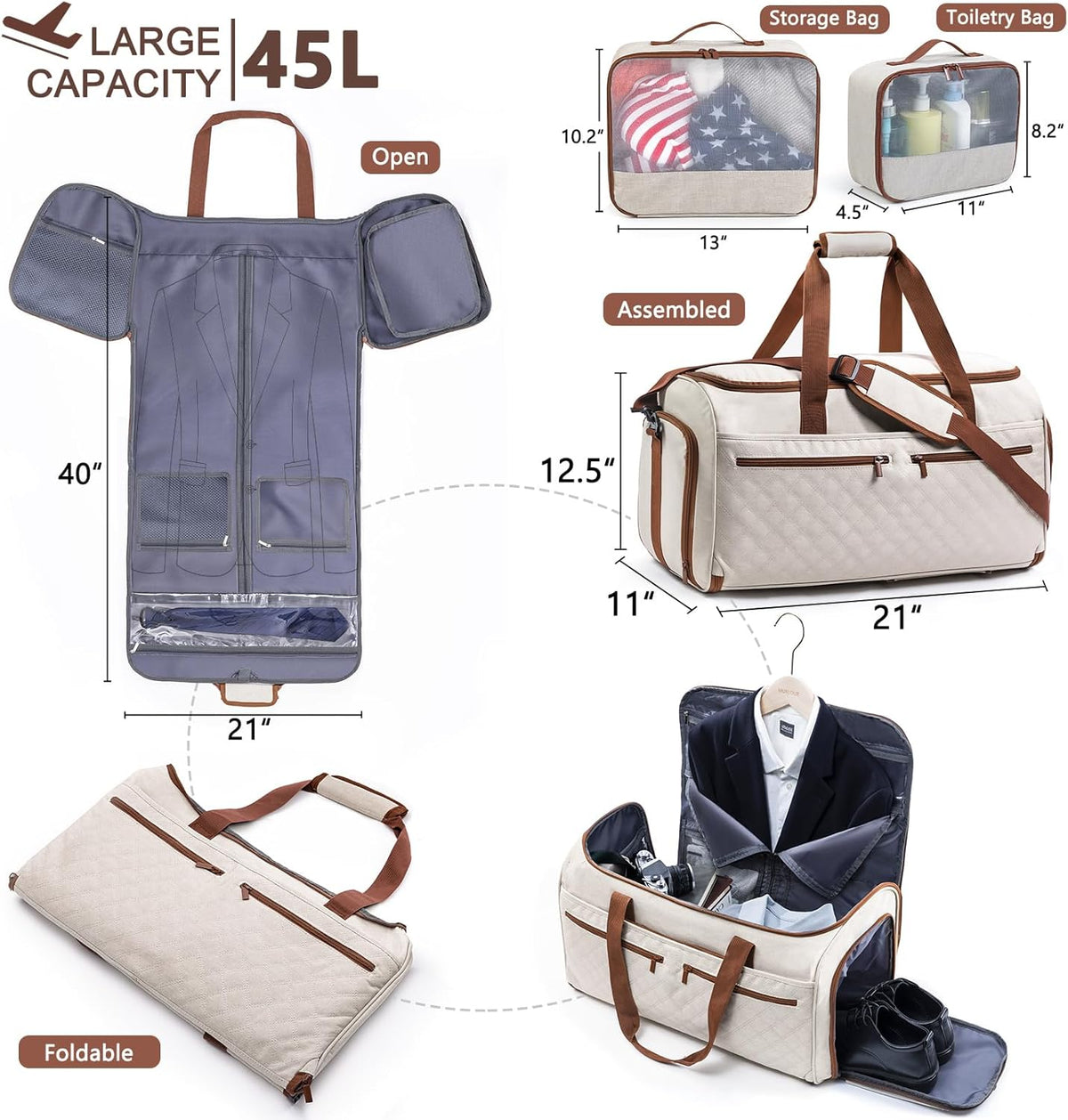 2in1 Garment Bags for Hanging Clothes - Suit Duffle Bag for Travel - Large Personal Item Travel Bag for Men Women, Convertible Carry On Bags for Dance Dress, Weekender Bag Luggage Bag