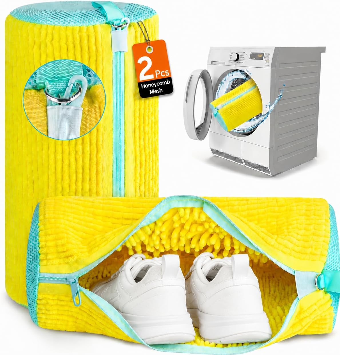 Shoe Washing Machine Bag, 2-Pack Microfiber Chenille Laundry Bag for Sneakers - Self-Locking Zipper, 360° Deep Clean, Noise Reduction, Fits All Shoe Sizes, for Tennis Running & Kids Shoes