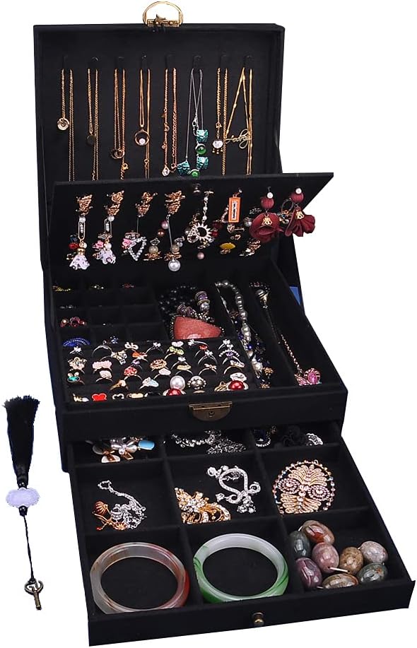 Women Jewelry Box Lockable 3 Layers Large Jewelry Organizer Storage Case for Earrings Necklaces Rings Bracelets,Green Display Jewel Holder (Green)