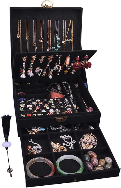 Women Jewelry Box Lockable 3 Layers Large Jewelry Organizer Storage Case for Earrings Necklaces Rings Bracelets,Green Display Jewel Holder (Green)