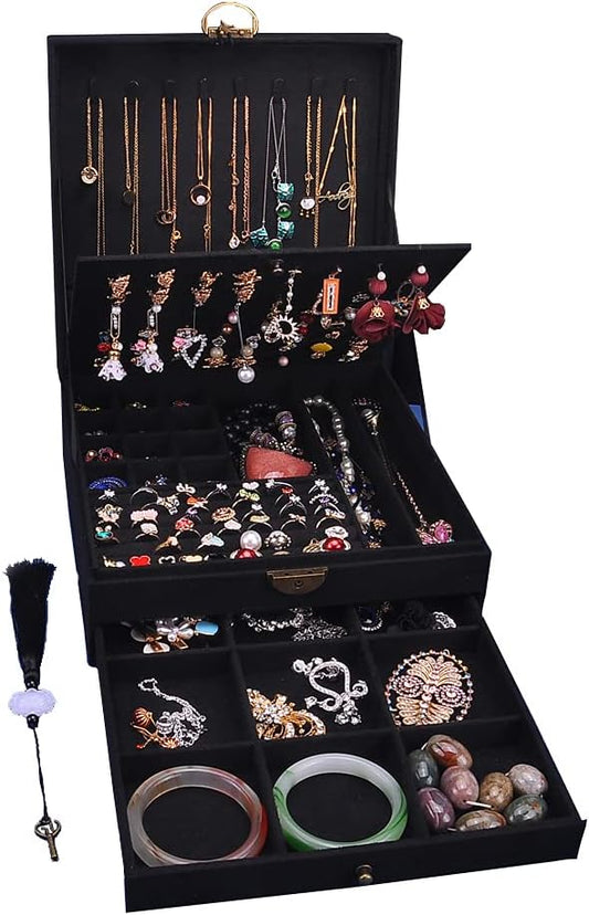 Women Jewelry Box Lockable 3 Layers Large Jewelry Organizer Storage Case for Earrings Necklaces Rings Bracelets,Green Display Jewel Holder (Green)