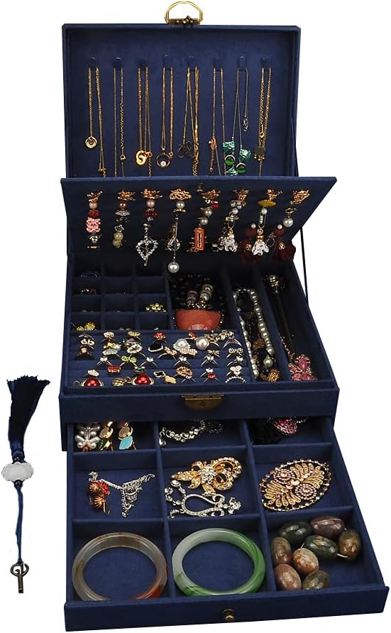 Women Jewelry Box Lockable 3 Layers Large Jewelry Organizer Storage Case for Earrings Necklaces Rings Bracelets,Green Display Jewel Holder (Green)