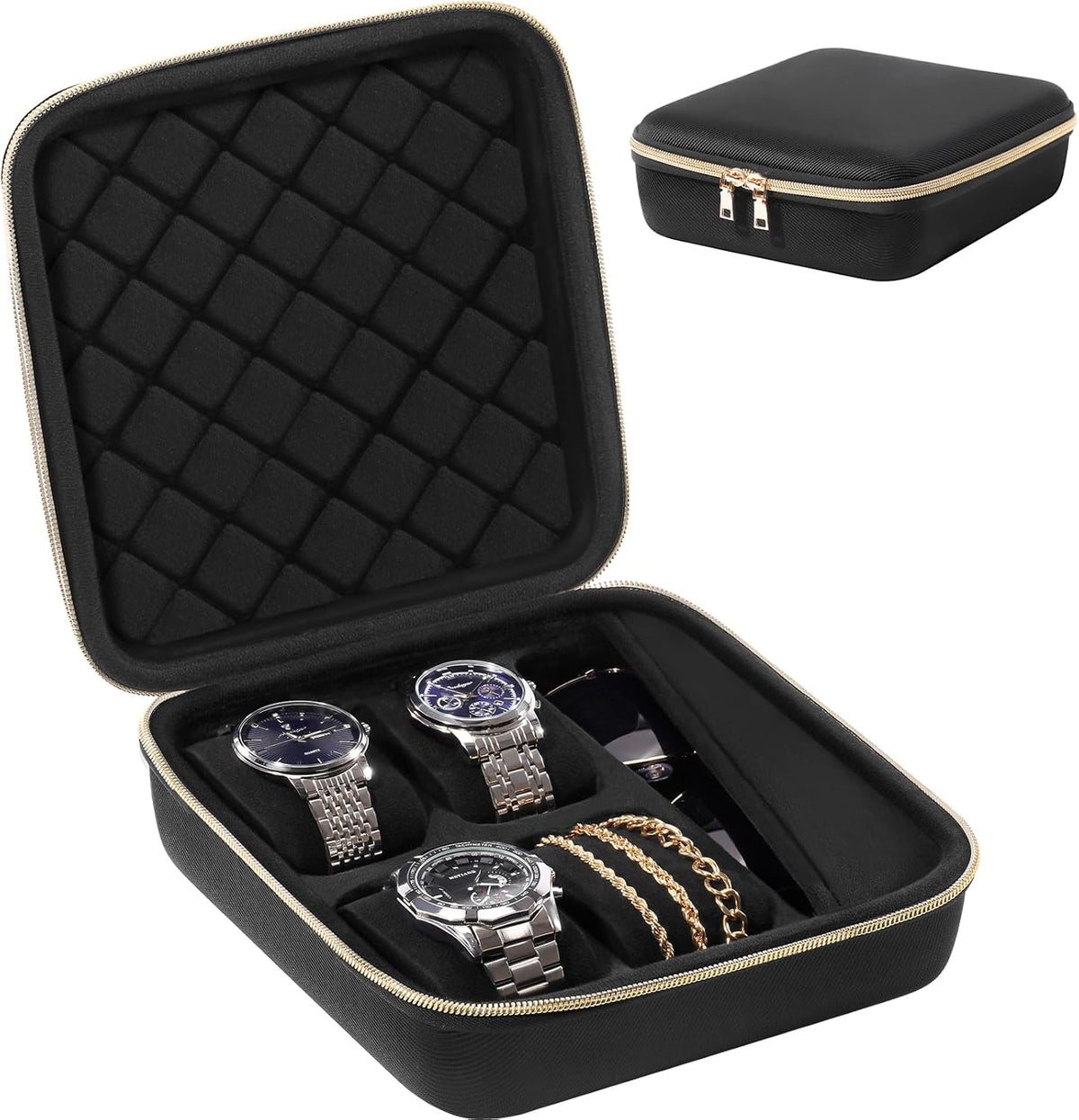4-Slot Travel Watch Case for Men, Hard Shell Storage Box -Black | Travel Watch Box for Watch Bracelet Sunglasses Accessories, Zippered Organizer Bag Fathers Day Gift for Dad