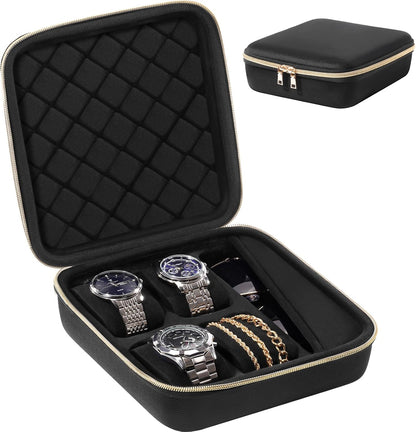 4-Slot Travel Watch Case for Men, Hard Shell Storage Box -Black | Travel Watch Box for Watch Bracelet Sunglasses Accessories, Zippered Organizer Bag Fathers Day Gift for Dad