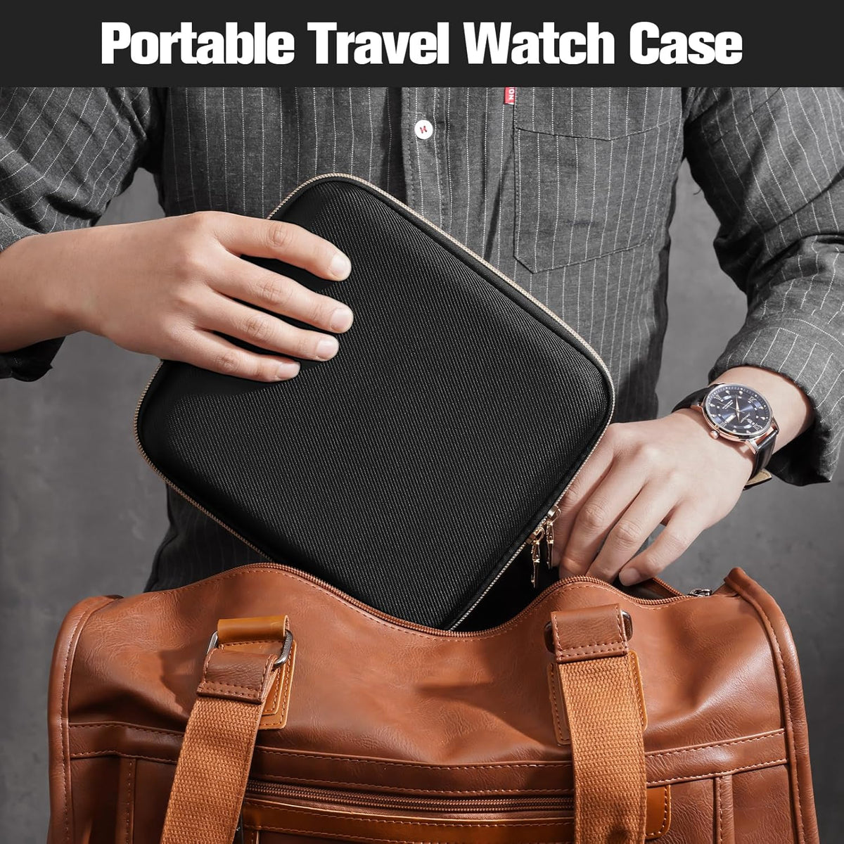 4-Slot Travel Watch Case for Men, Hard Shell Storage Box -Black | Travel Watch Box for Watch Bracelet Sunglasses Accessories, Zippered Organizer Bag Fathers Day Gift for Dad