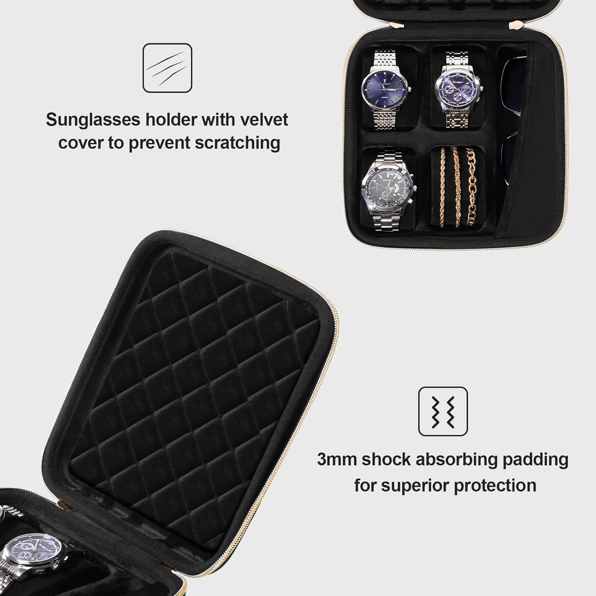 4-Slot Travel Watch Case for Men, Hard Shell Storage Box -Black | Travel Watch Box for Watch Bracelet Sunglasses Accessories, Zippered Organizer Bag Fathers Day Gift for Dad