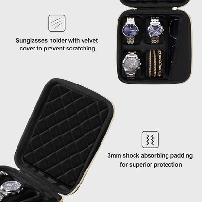 4-Slot Travel Watch Case for Men, Hard Shell Storage Box -Black | Travel Watch Box for Watch Bracelet Sunglasses Accessories, Zippered Organizer Bag Fathers Day Gift for Dad
