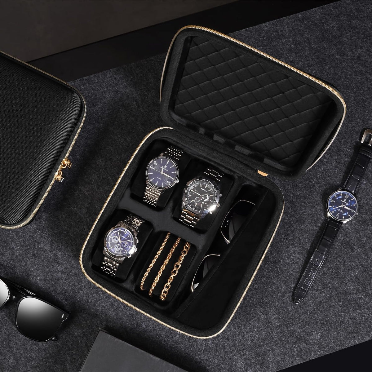 4-Slot Travel Watch Case for Men, Hard Shell Storage Box -Black | Travel Watch Box for Watch Bracelet Sunglasses Accessories, Zippered Organizer Bag Fathers Day Gift for Dad