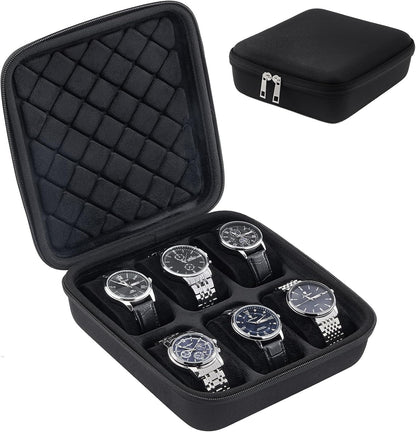 4-Slot Travel Watch Case for Men, Hard Shell Storage Box -Black | Travel Watch Box for Watch Bracelet Sunglasses Accessories, Zippered Organizer Bag Fathers Day Gift for Dad