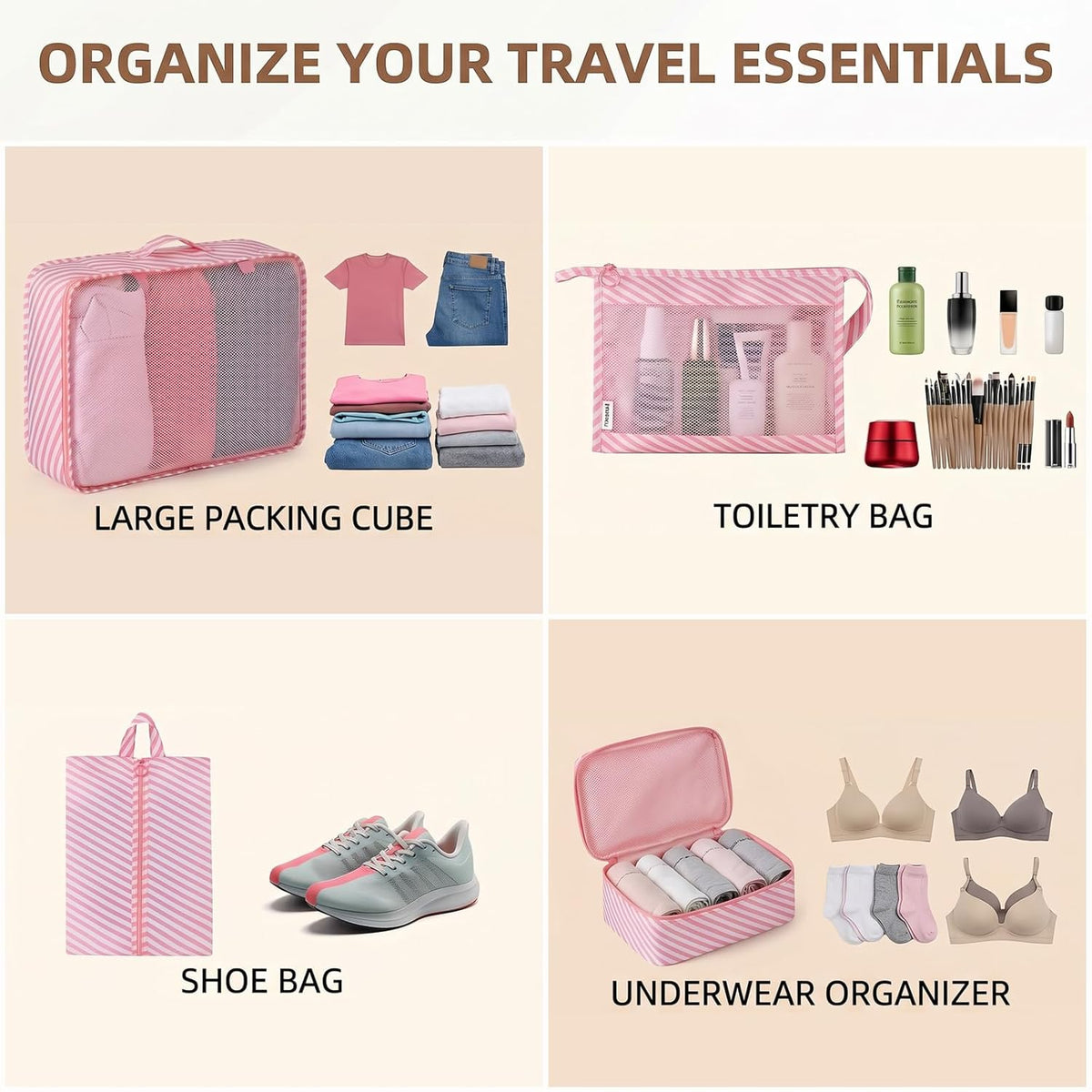 7 Set Packing Cubes for Travel, Breathable Mesh Luggage Organizers with Shoe Bag, Durable Storage Bags for Suitcases
