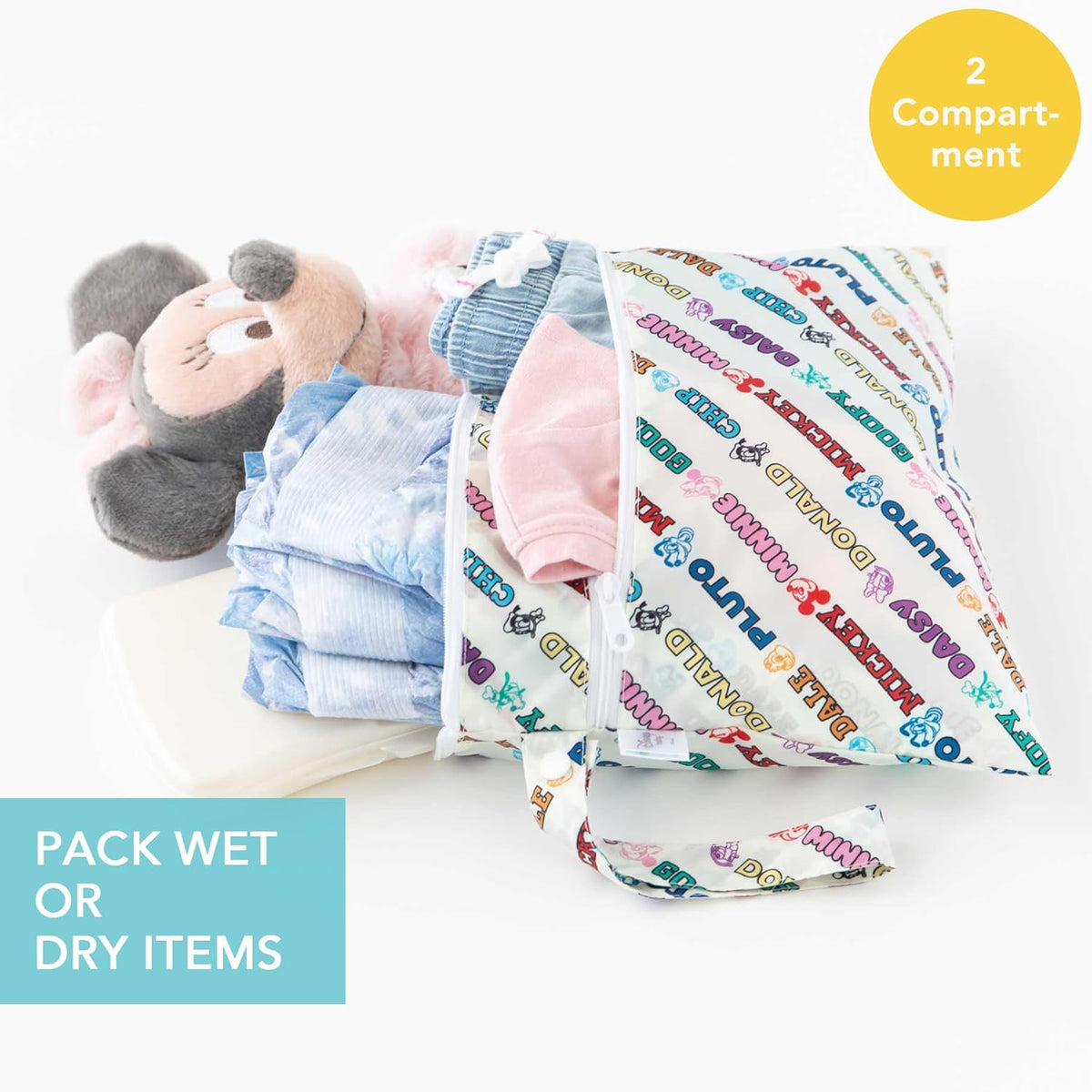 Disney Waterproof Wet Bag for Baby, Travel, Swim Suit, Cloth Diapers, Pump Parts, Pool, Beach, Gym Clothes, Toiletry, Hook to Stroller, Daycare, Zip Reusable Wetdry Packing, Minnie Mouse Icon