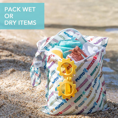 Disney Waterproof Wet Bag for Baby, Travel, Swim Suit, Cloth Diapers, Pump Parts, Pool, Beach, Gym Clothes, Toiletry, Hook to Stroller, Daycare, Zip Reusable Wetdry Packing, Minnie Mouse Icon