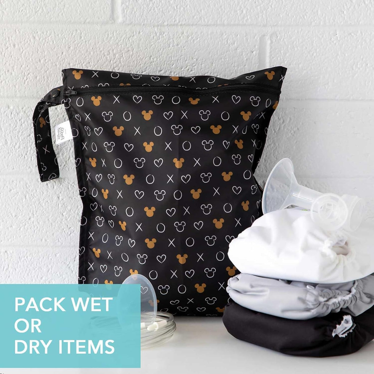 Disney Waterproof Wet Bag for Baby, Travel, Swim Suit, Cloth Diapers, Pump Parts, Pool, Beach, Gym Clothes, Toiletry, Hook to Stroller, Daycare, Zip Reusable Wetdry Packing, Minnie Mouse Icon