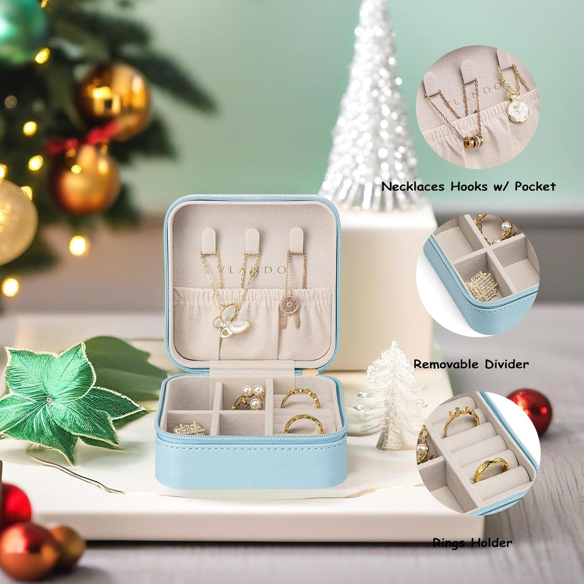 Small Travel Jewelry Box Organizer Display Case for Girls Women Gift Rings Earrings Necklaces Storage, Blue