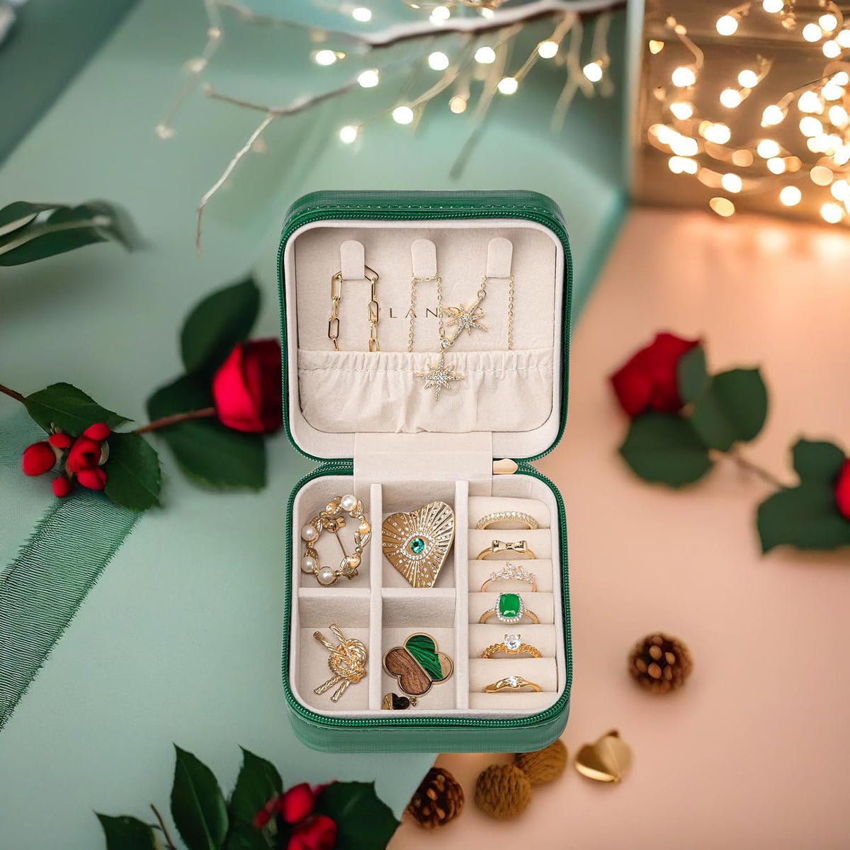 Small Travel Jewelry Box Organizer Display Case for Girls Women Gift Rings Earrings Necklaces Storage, Blue