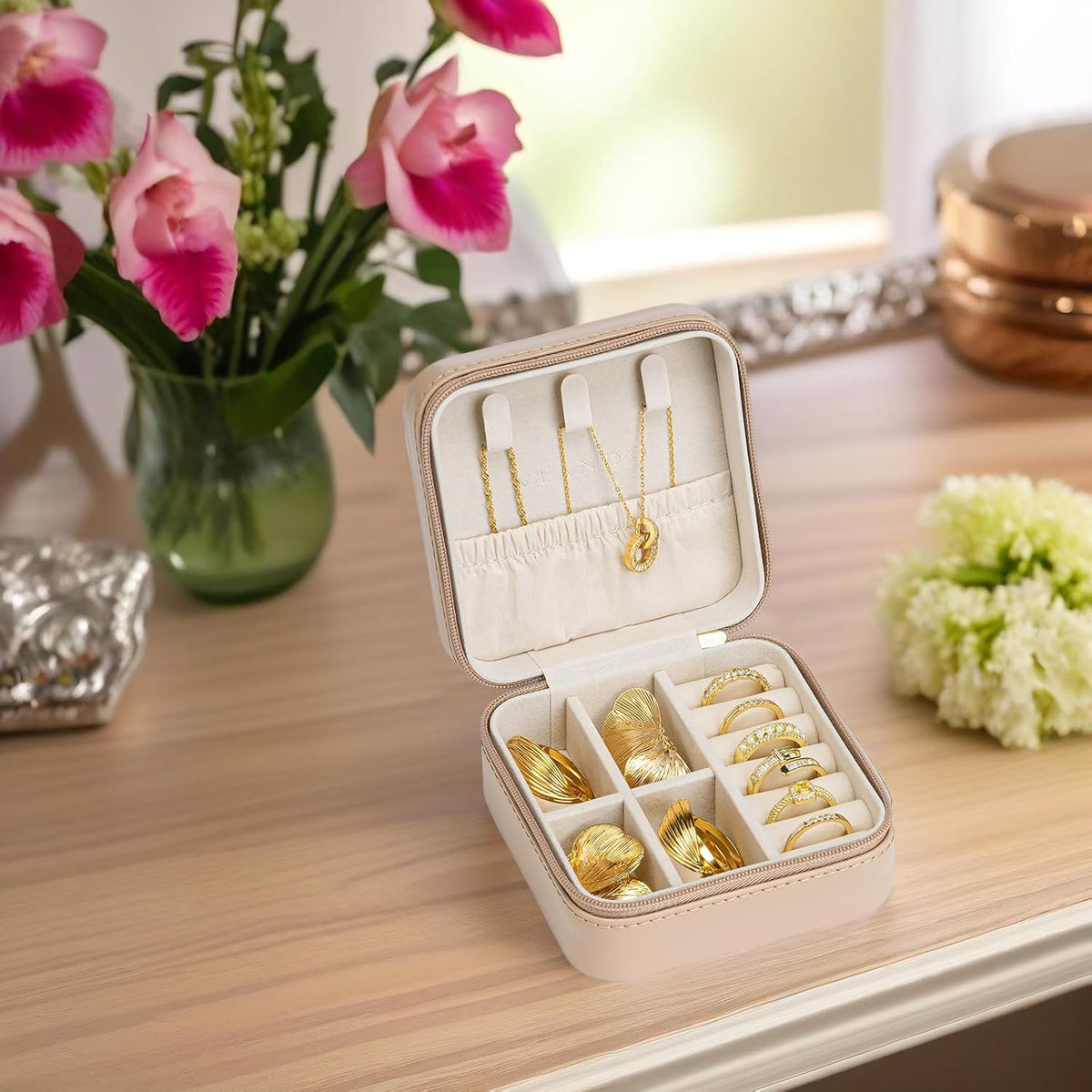 Small Travel Jewelry Box Organizer Display Case for Girls Women Gift Rings Earrings Necklaces Storage, Blue