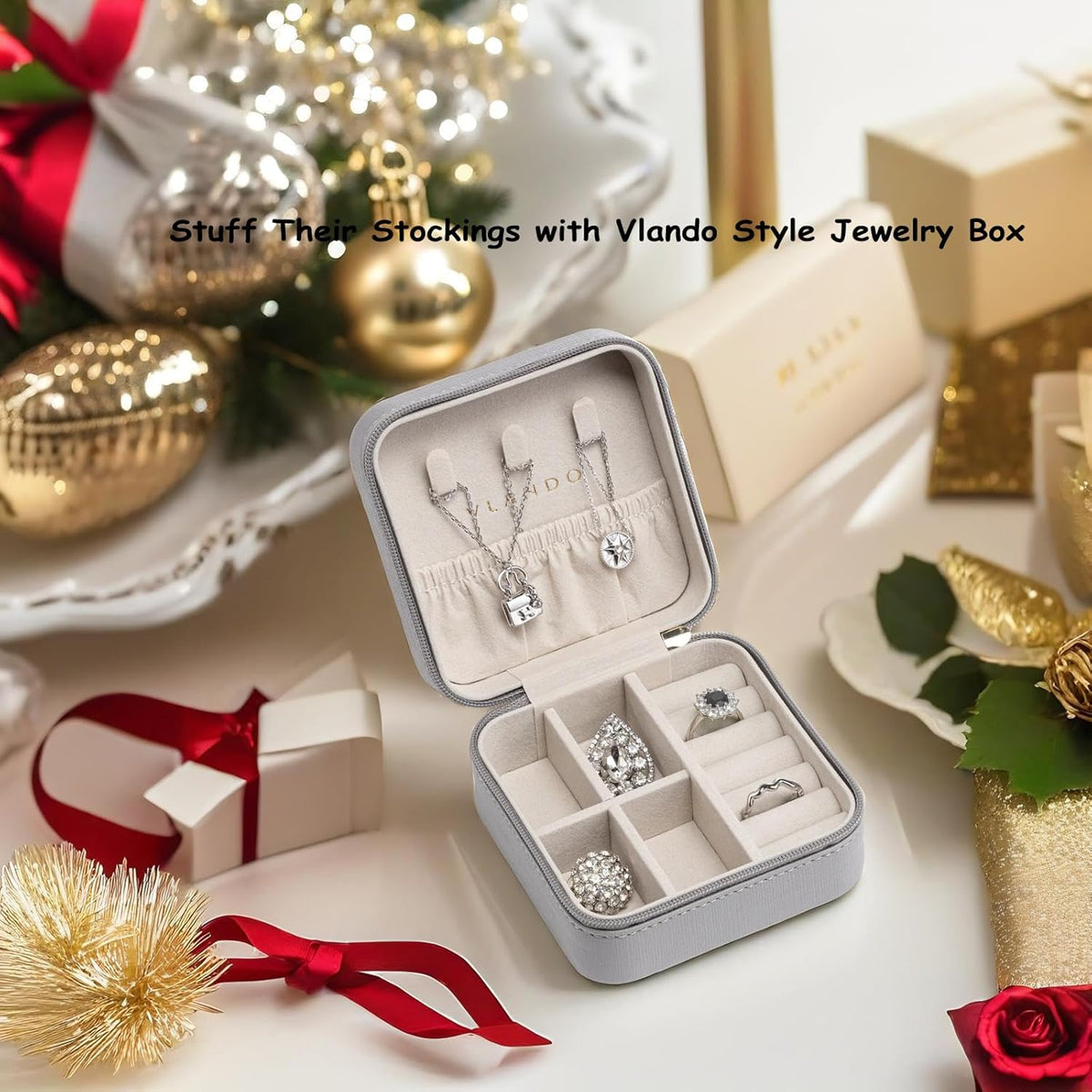 Small Travel Jewelry Box Organizer Display Case for Girls Women Gift Rings Earrings Necklaces Storage, Blue