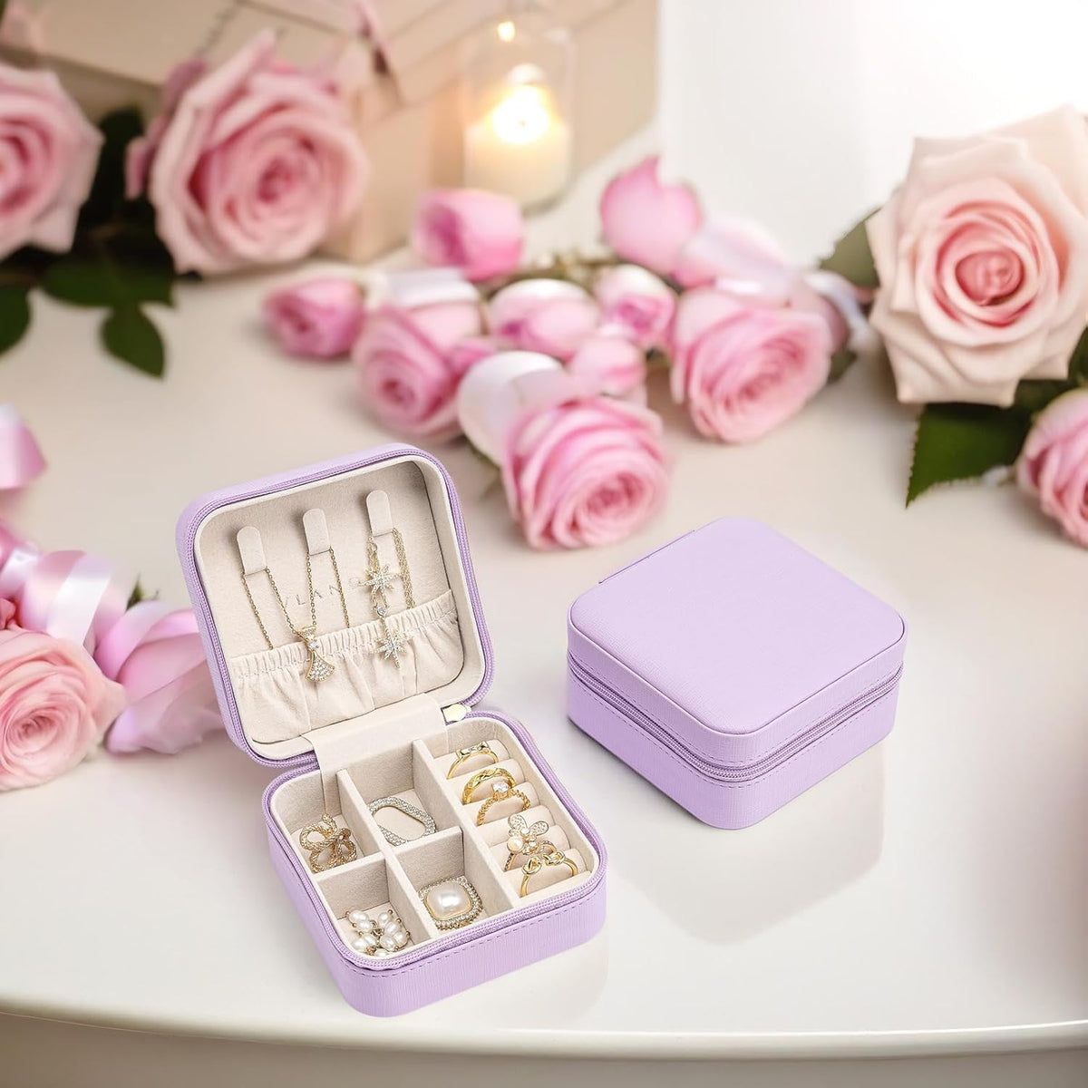 Small Travel Jewelry Box Organizer Display Case for Girls Women Gift Rings Earrings Necklaces Storage, Blue