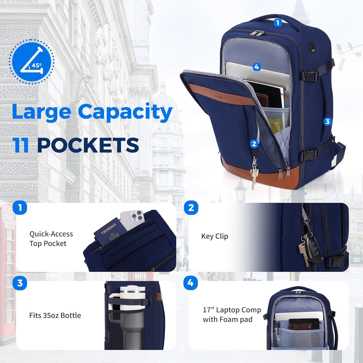 19" Travel Backpack for Men Women 30L Large Carry-On Backpack with 17.3 In Laptop Compartment,Grey