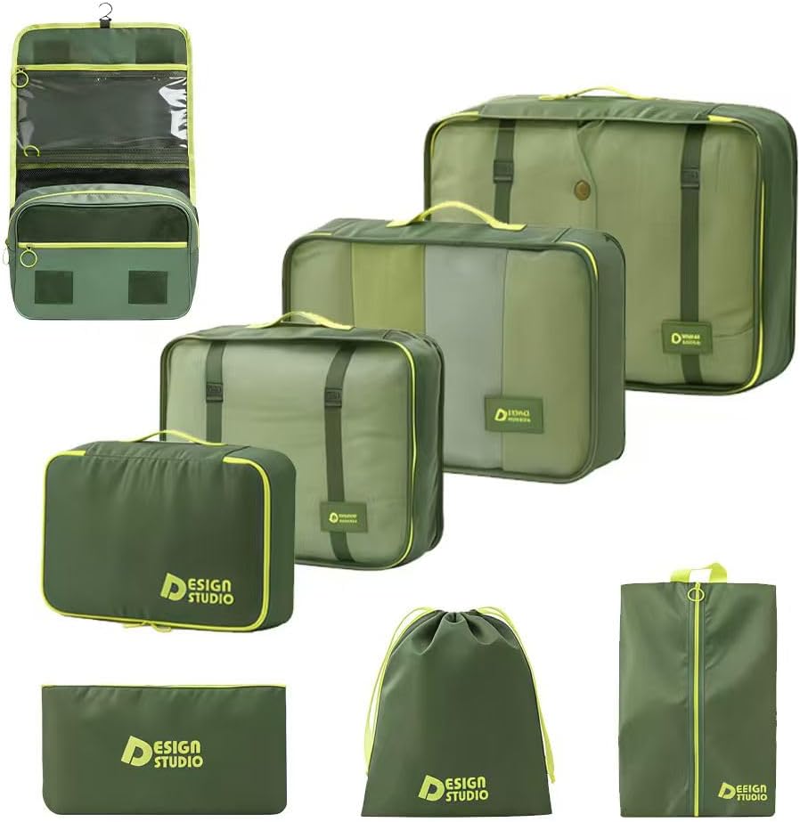 8-Piece Expandable Packing Cubes Set, Manual Zip Compression Travel Organizer with Hanging Toiletry Bag, Water Resistant Thick Fabric Clothing Storage Pouches for Carry-On & Checked Luggage (Green)