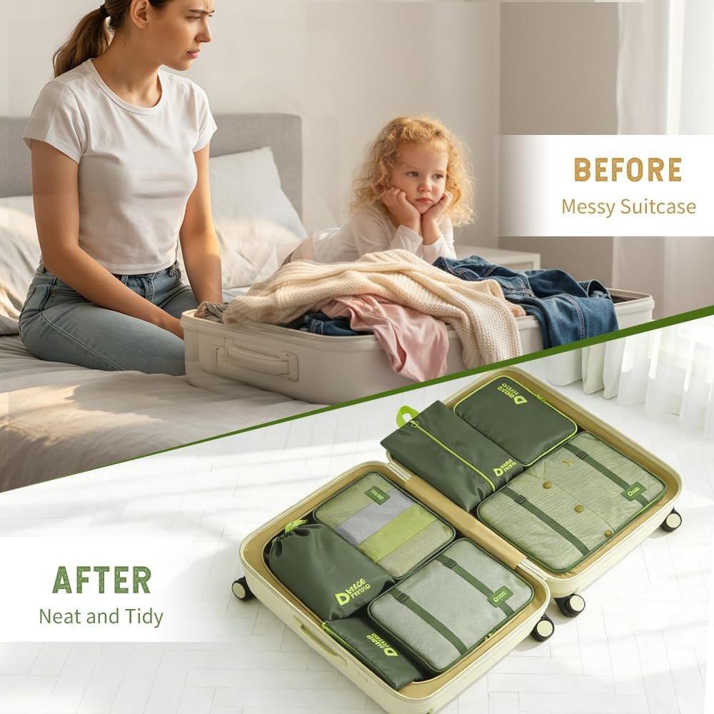 8-Piece Expandable Packing Cubes Set, Manual Zip Compression Travel Organizer with Hanging Toiletry Bag, Water Resistant Thick Fabric Clothing Storage Pouches for Carry-On & Checked Luggage (Green)