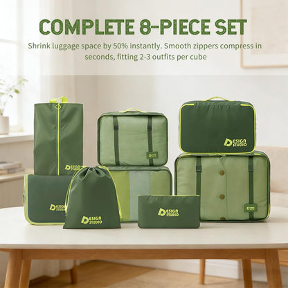 8-Piece Expandable Packing Cubes Set, Manual Zip Compression Travel Organizer with Hanging Toiletry Bag, Water Resistant Thick Fabric Clothing Storage Pouches for Carry-On & Checked Luggage (Green)