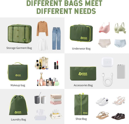 8-Piece Expandable Packing Cubes Set, Manual Zip Compression Travel Organizer with Hanging Toiletry Bag, Water Resistant Thick Fabric Clothing Storage Pouches for Carry-On & Checked Luggage (Green)
