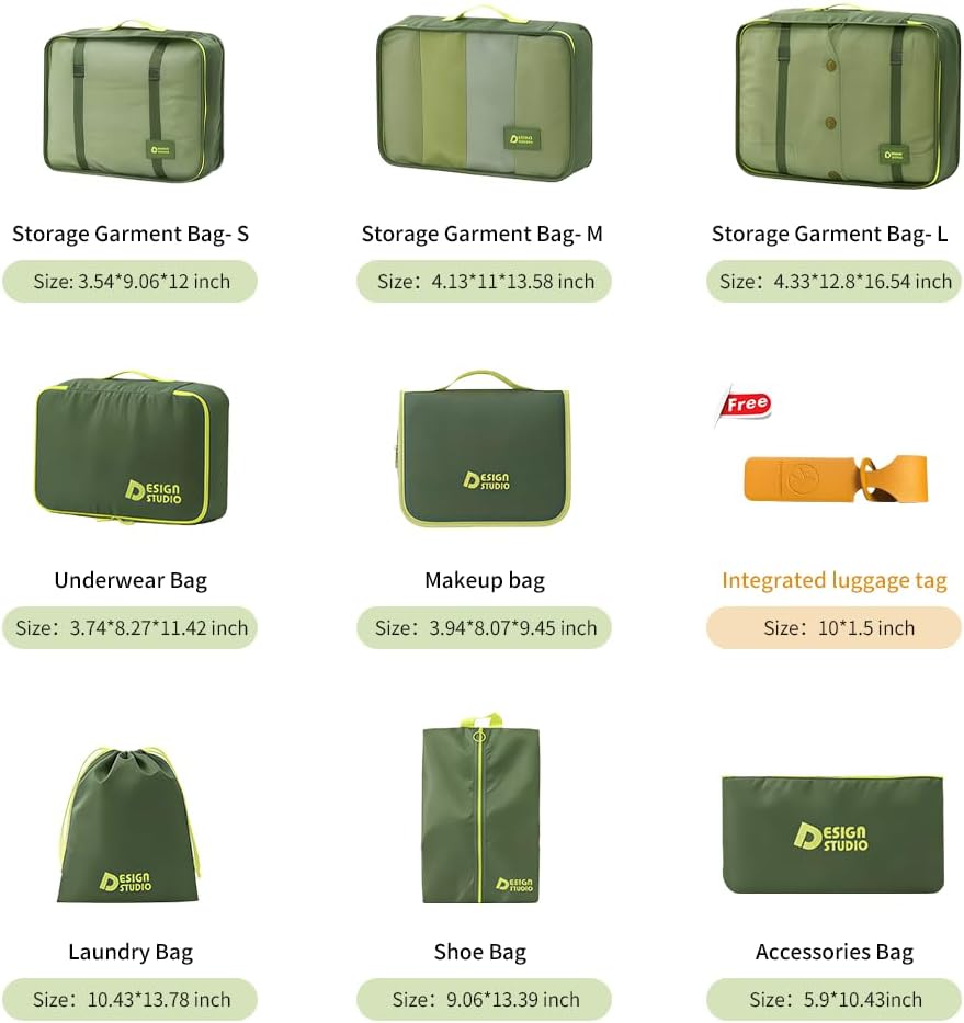 8-Piece Expandable Packing Cubes Set, Manual Zip Compression Travel Organizer with Hanging Toiletry Bag, Water Resistant Thick Fabric Clothing Storage Pouches for Carry-On & Checked Luggage (Green)