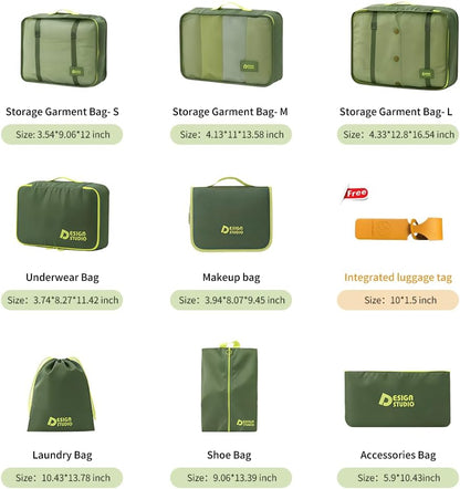 8-Piece Expandable Packing Cubes Set, Manual Zip Compression Travel Organizer with Hanging Toiletry Bag, Water Resistant Thick Fabric Clothing Storage Pouches for Carry-On & Checked Luggage (Green)