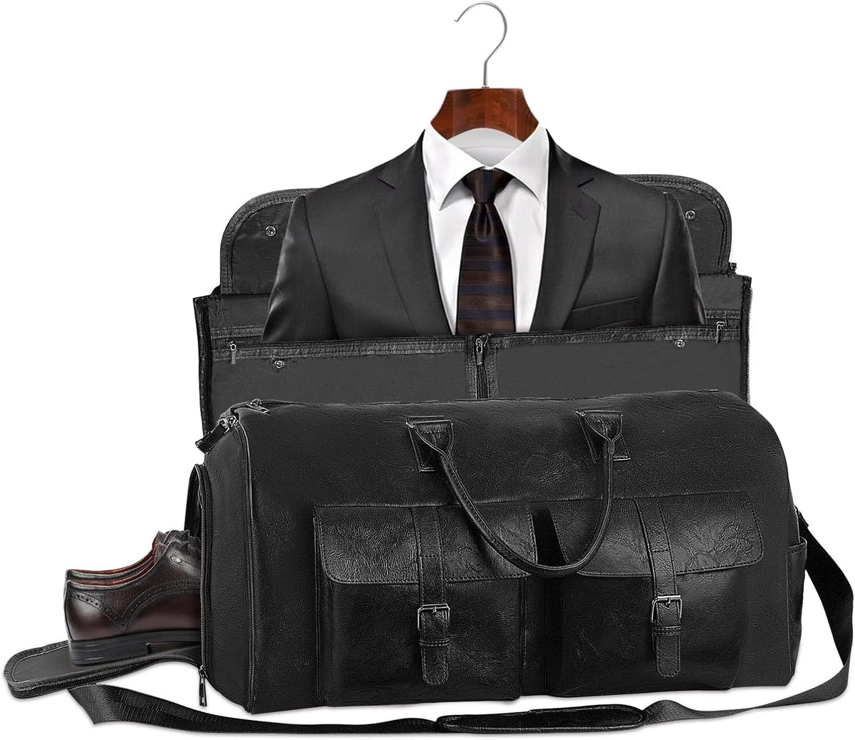 Convertible Garment Bag for Travel - Carry On Duffle Bag for Men Women 2 in 1 PU Leather Weekender Bag with Shoe Pouch and Shoulder Strap (Black)