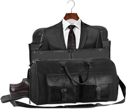 Convertible Garment Bag for Travel - Carry On Duffle Bag for Men Women 2 in 1 PU Leather Weekender Bag with Shoe Pouch and Shoulder Strap (Black)