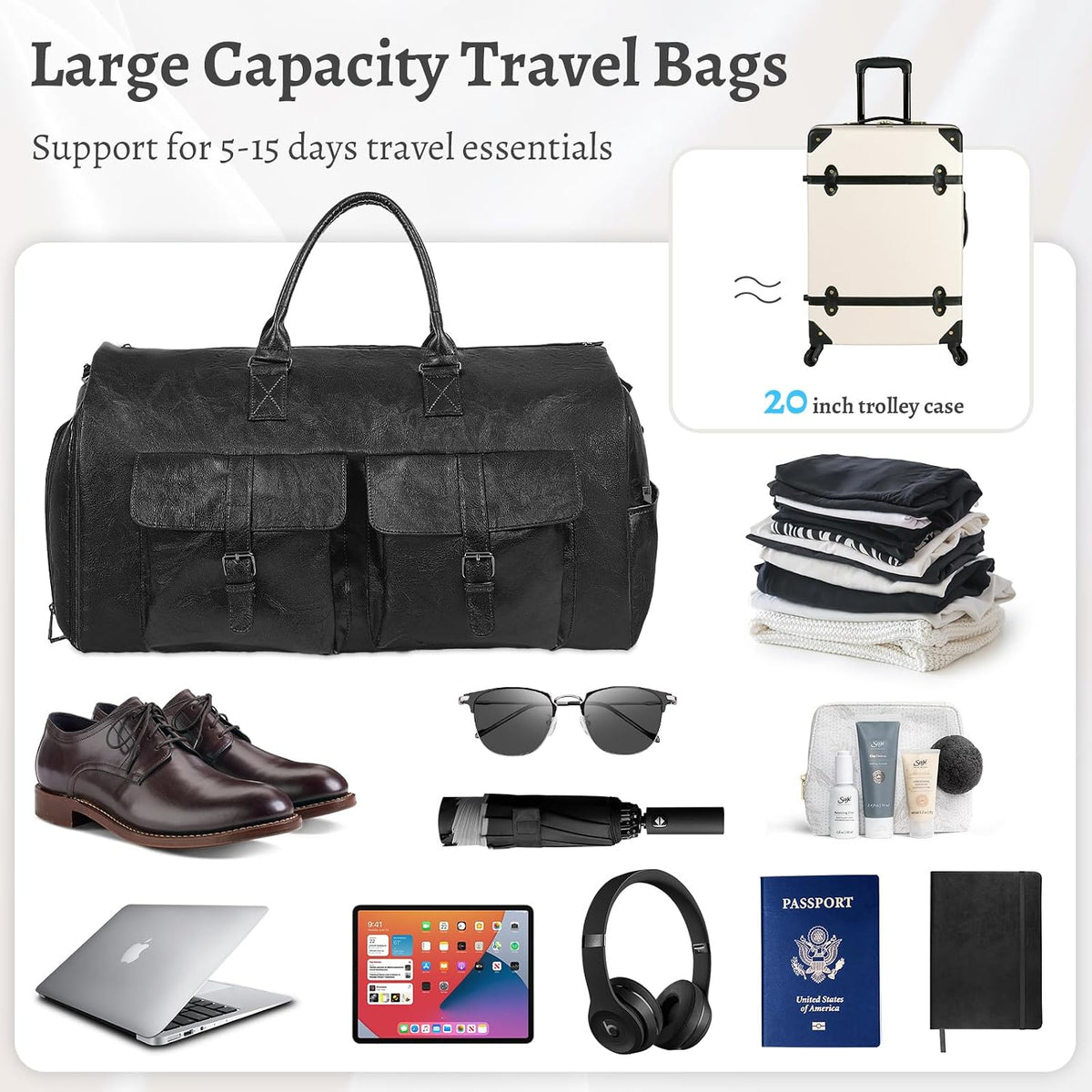 Convertible Garment Bag for Travel - Carry On Duffle Bag for Men Women 2 in 1 PU Leather Weekender Bag with Shoe Pouch and Shoulder Strap (Black)