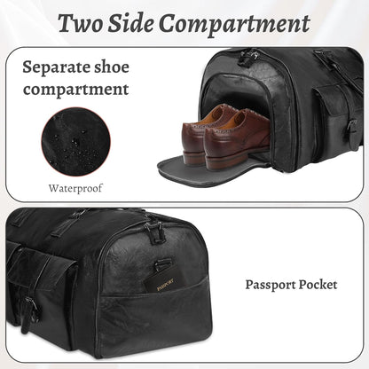 Convertible Garment Bag for Travel - Carry On Duffle Bag for Men Women 2 in 1 PU Leather Weekender Bag with Shoe Pouch and Shoulder Strap (Black)