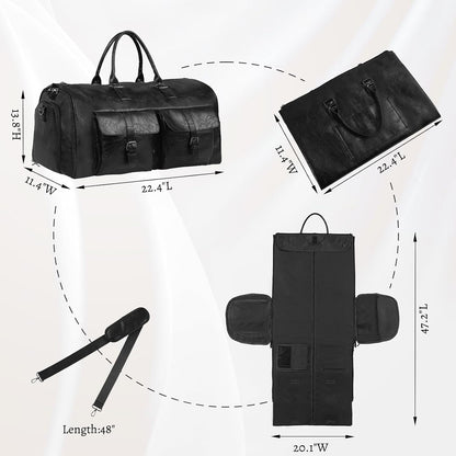 Convertible Garment Bag for Travel - Carry On Duffle Bag for Men Women 2 in 1 PU Leather Weekender Bag with Shoe Pouch and Shoulder Strap (Black)