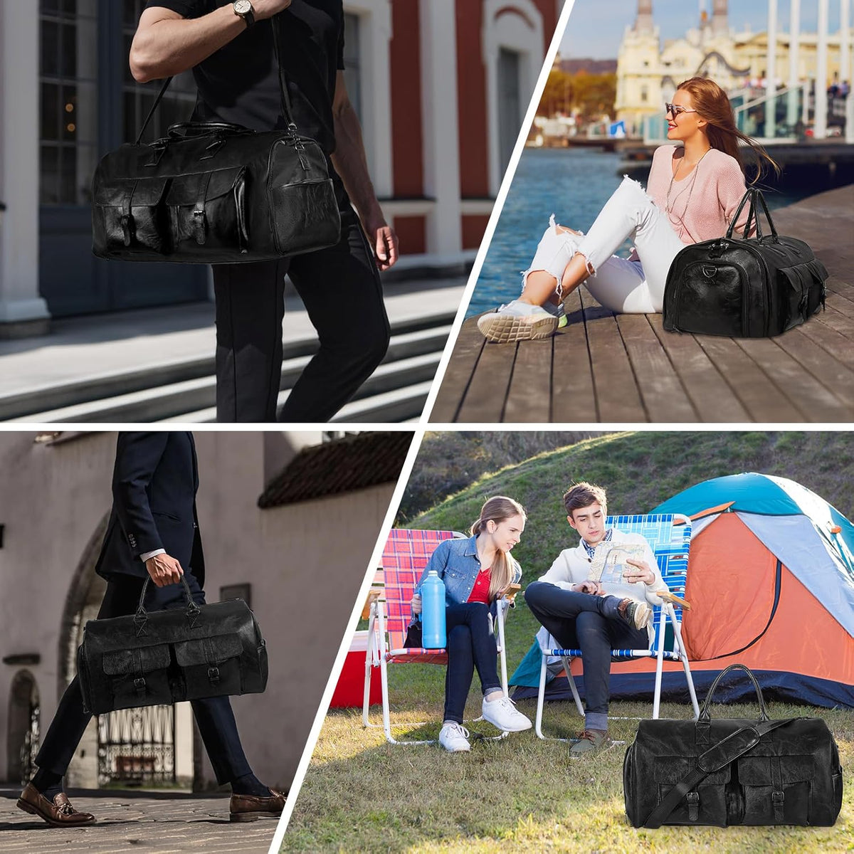 Convertible Garment Bag for Travel - Carry On Duffle Bag for Men Women 2 in 1 PU Leather Weekender Bag with Shoe Pouch and Shoulder Strap (Black)