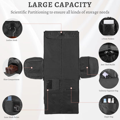 Convertible Garment Bag for Travel - Carry On Duffle Bag for Men Women 2 in 1 PU Leather Weekender Bag with Shoe Pouch and Shoulder Strap (Black)