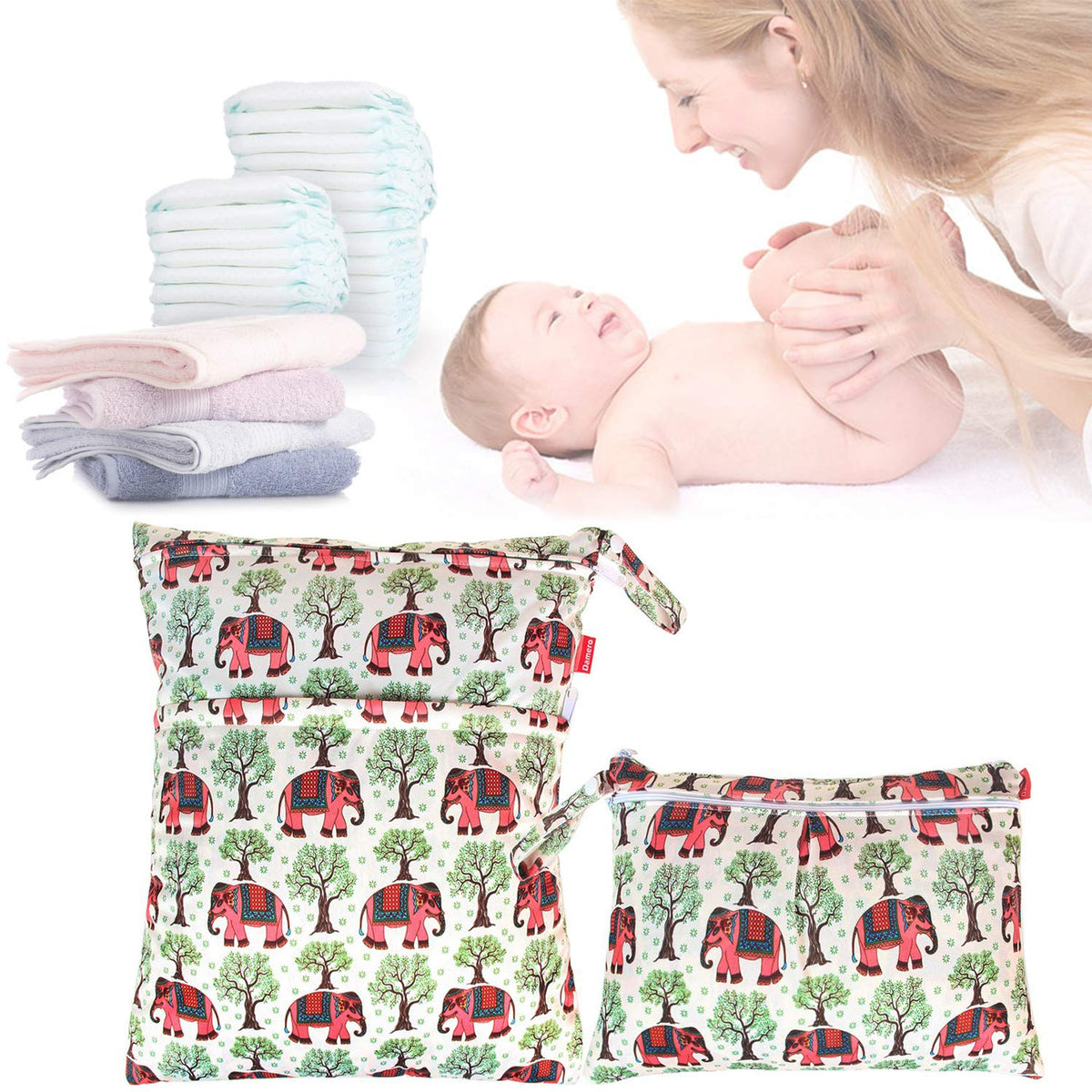 2pcs Travel Wet and Dry Bag, Reusable Wet Bags Organizer with Two Zippered Pocket for Cloth Diaper, Pumping Parts, Swimsuit and Gym, Green Forest