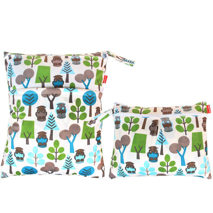 2pcs Travel Wet and Dry Bag, Reusable Wet Bags Organizer with Two Zippered Pocket for Cloth Diaper, Pumping Parts, Swimsuit and Gym, Green Forest