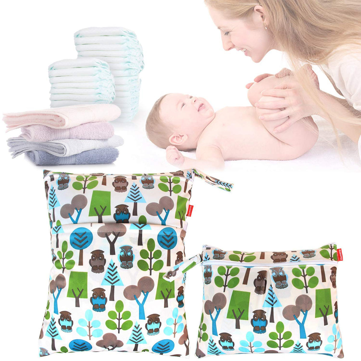 2pcs Travel Wet and Dry Bag, Reusable Wet Bags Organizer with Two Zippered Pocket for Cloth Diaper, Pumping Parts, Swimsuit and Gym, Green Forest