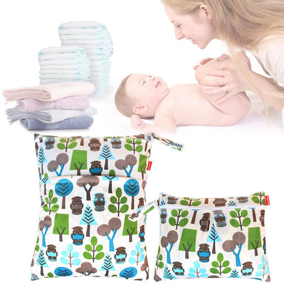 2pcs Travel Wet and Dry Bag, Reusable Wet Bags Organizer with Two Zippered Pocket for Cloth Diaper, Pumping Parts, Swimsuit and Gym, Green Forest