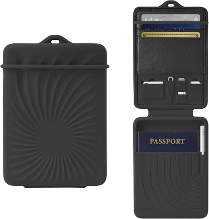Lanyard Passport Holder, Passport Cover with Travel Gadget Set & Card Slots, Duel-Sided Passport Wallet with Leather & Premium Silicone (Blue - Lanyard)