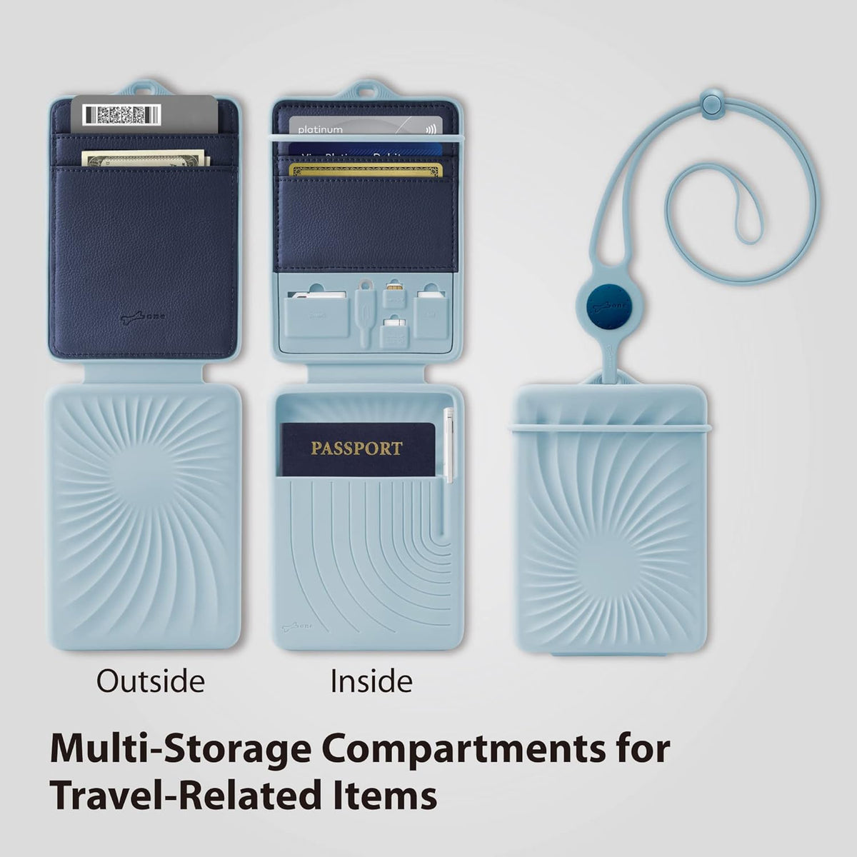 Lanyard Passport Holder, Passport Cover with Travel Gadget Set & Card Slots, Duel-Sided Passport Wallet with Leather & Premium Silicone (Blue - Lanyard)